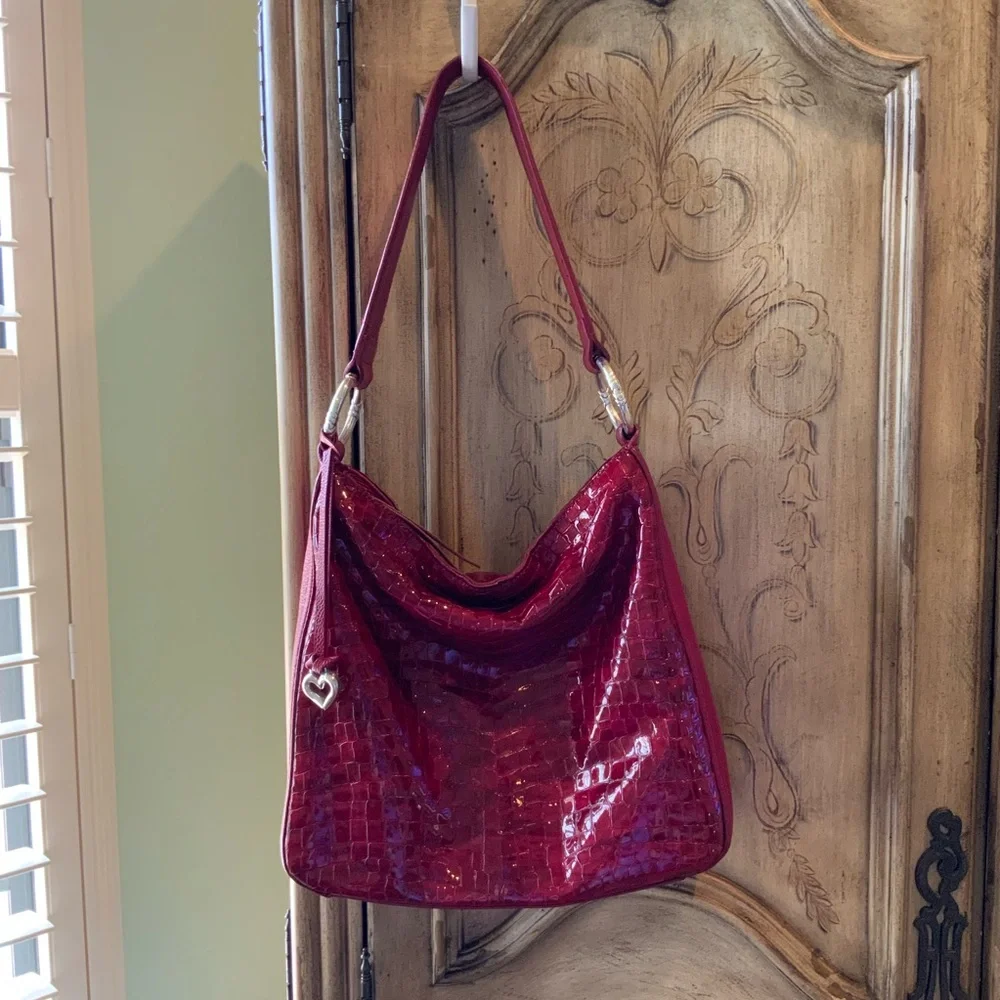 Brighton Red Crocodile-Embossed Patent Leather Large Hobo Shoulder Women's Bag